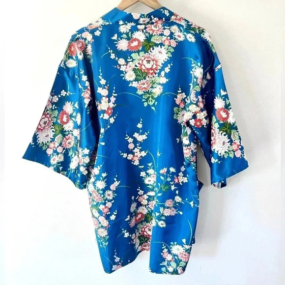 Vintage Blue Floral Satin Kimono Top & Wide Leg Pants Asian Boho 2 Piece Set - Picture 7 of 15